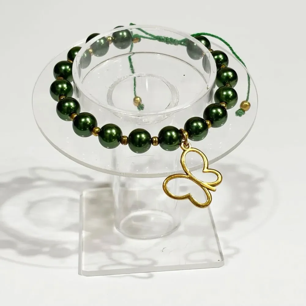 Green Beaded Bracelet Gold Butterfly Charm Adjustable Handmade Boho - Picture 3 of 5